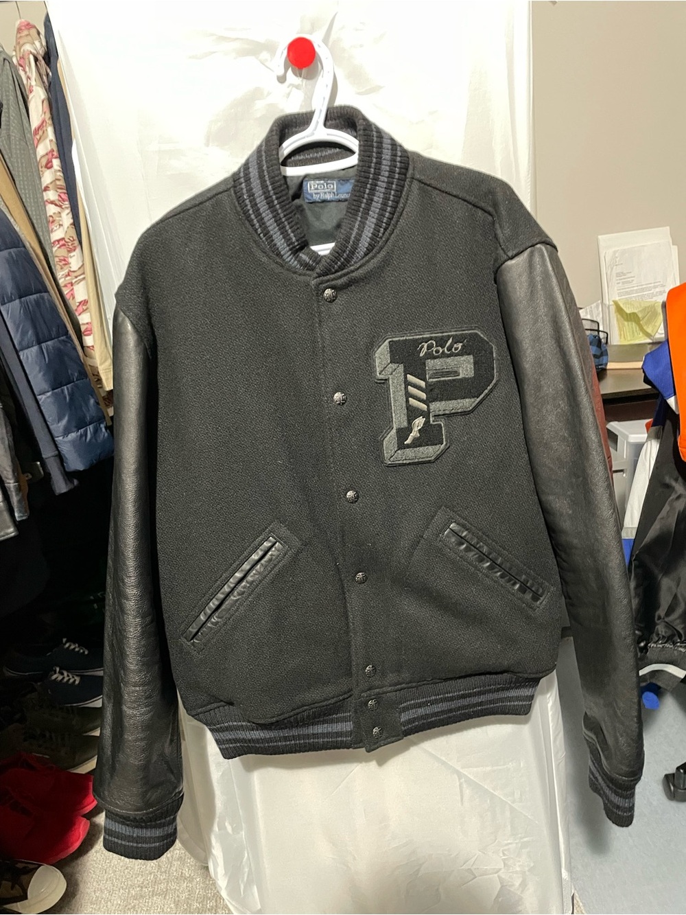 NWT Polo Ralph Lauren Iconic Letterman Varsity Jacket Black / Leather XL
